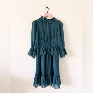 Boheme Long Sleeve Ruffle Midi Dress in Teal Size S
